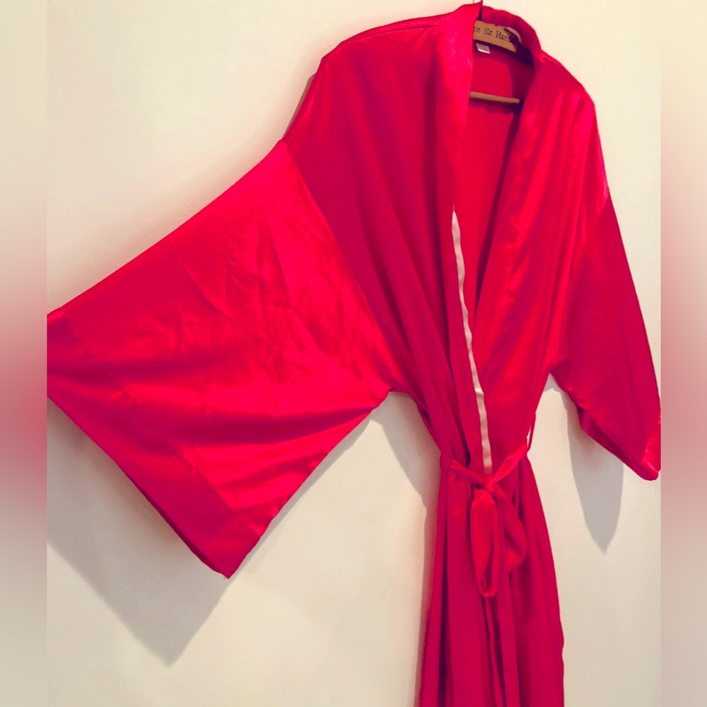 Vintage Victoria’s Secret Hot Pink Silky Kimono Robe with White Trim